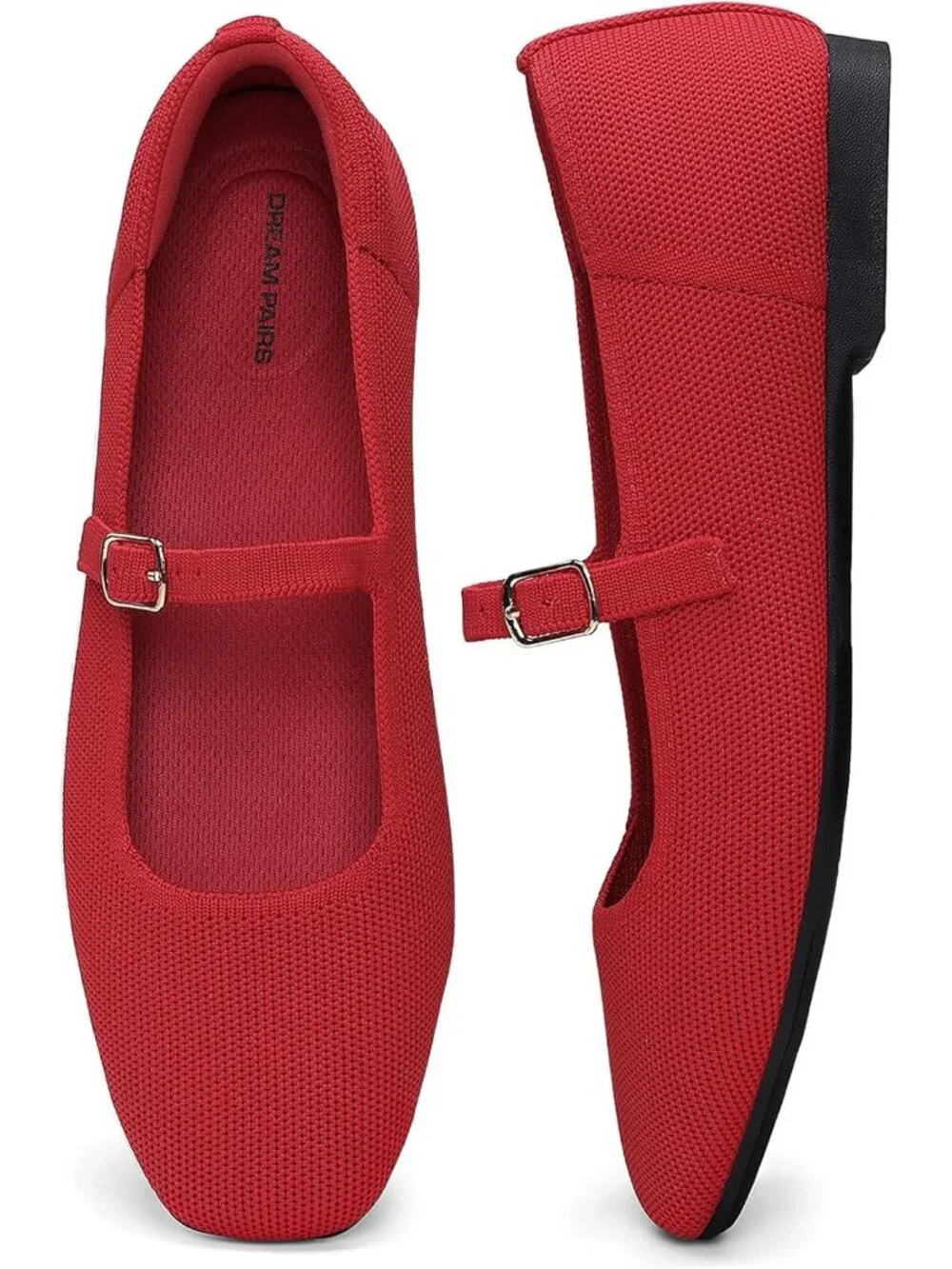 Women's Red Knit Mary Jane Square Toe Stretchy Buckle Ballet Flats Casual Shoes